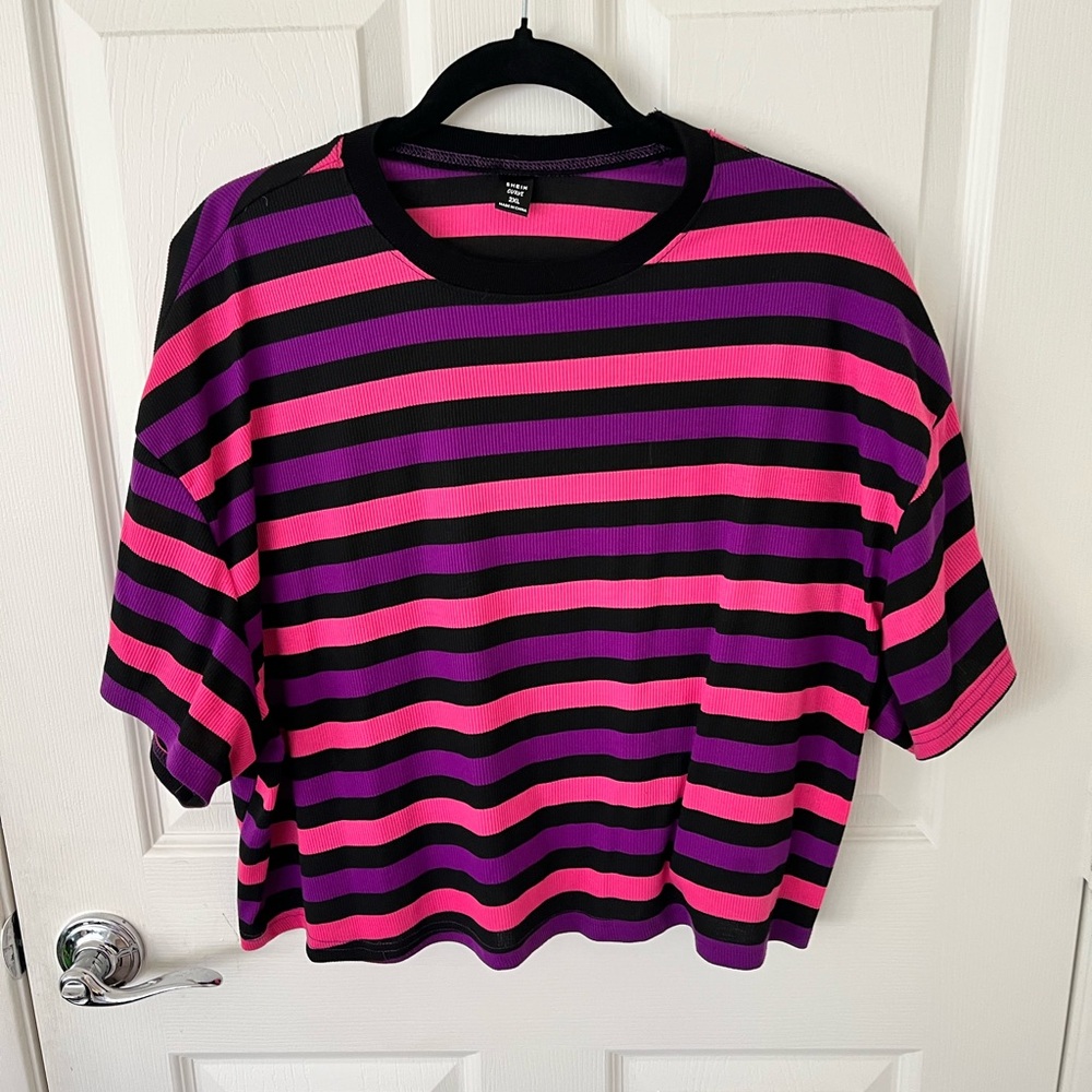 SHEIN Vibrant Pink and Black Striped Crop Top